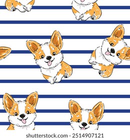 Seamless pattern with hand drawn cute Corgi dog print background vector 