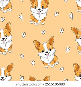 Padrão contínuo com mão desenhado bonito Corgi cão e corações imprimir vetor de fundo 