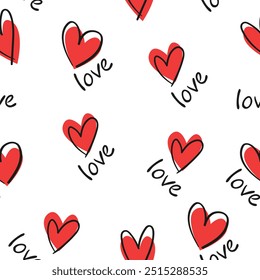  Seamless pattern with hand drawn cute red hearts ink vector illustration