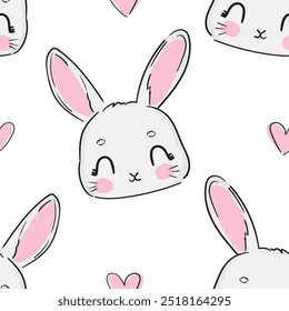 Seamless pattern with Hand Drawn Cute Bunny, print design rabbit background, children print textile design