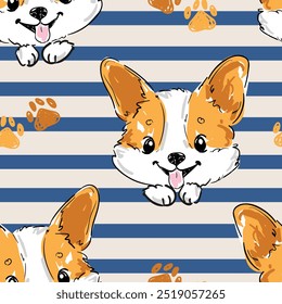 Seamless pattern with hand drawn cute Corgi dog print background vector 
