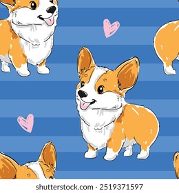 padrão sem costura com mão desenhada corgi cão bonito imprimir vetor de fundo 