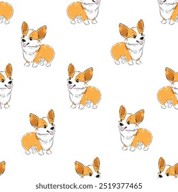 Patrón sin fisuras con el Vector lindo del fondo de la impresión del perro de Corgi dibujado a mano 