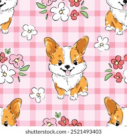 nahtloses Muster mit handgezeichnetem niedlichen Corgi-Hund-Print-Hintergrund Vektor 