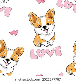 padrão sem costura com mão desenhada corgi cão bonito imprimir vetor de fundo 