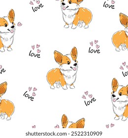 padrão sem costura com mão desenhada corgi cão bonito imprimir vetor de fundo 