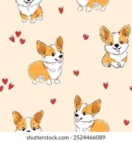 seamless pattern with hand drawn cute corgi dog print background vector 