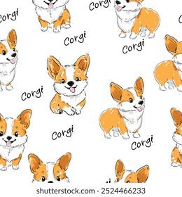 nahtloses Muster mit handgezeichnetem niedlichen Corgi-Hund-Print-Hintergrund Vektor 