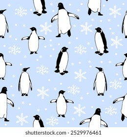 seamless pattern hand drawn cute penguin on light blue background