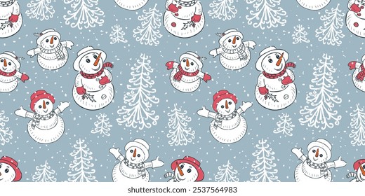 Seamless pattern of hand drawn cute snowmen looking at snowfall, vector christmas background, paper, wallpaper