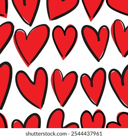 Seamless pattern with hand drawn cute red hearts ink vector illustration