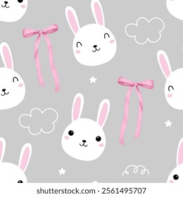 Seamless pattern with hand drawn cute rabbit with pink ribbon bow for children textile, nursery decoration, gift wrap paper, kids bedding, baby's shirt. Vector illustration