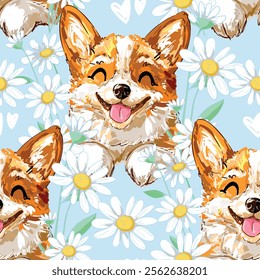 seamless pattern with hand drawn cute corgi dog print background vector 