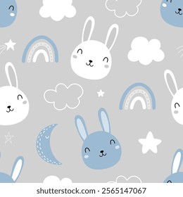 Seamless pattern with hand drawn cute rabbit with cloud, star, moon and rainbow on grey background for children textile, nursery decoration, gift wrap paper, kids bedding, baby's shirt. 