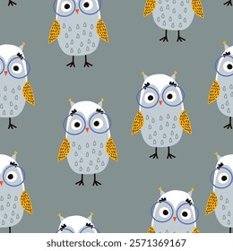 Seamless pattern with hand drawn cute owls characters.  Childish adorable texture with cartoon owls in glasses. Vector illustration