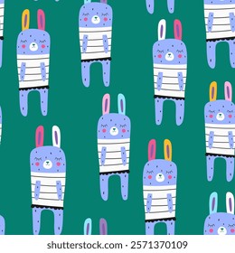 Seamless pattern with hand drawn cute bunnies characters.  Childish adorable texture with cartoon rabbits dressed. Vector illustration