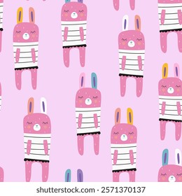 Seamless pattern with hand drawn cute bunnies characters.  Childish adorable texture with cartoon rabbits dressed on pink. Vector illustration