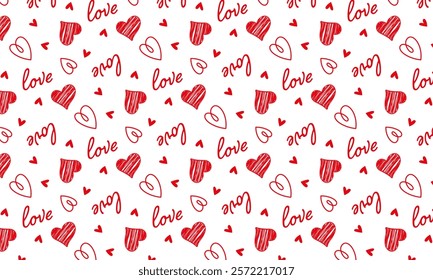 Seamless pattern with hand drawn cute red hearts ink vector illustration. Valentine's day wrapping pattern. Vector illustration.