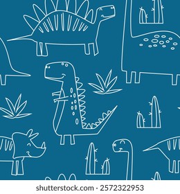 Seamless pattern with hand drawn cute dinosaurs, weeds and cactus plants. Childish and playful characters with mono line style. Vector illustration.