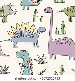 Seamless pattern with hand drawn cute dinosaurs, weeds and cactus plants. Childish and playful characters with pastel colors. Vector illustration.