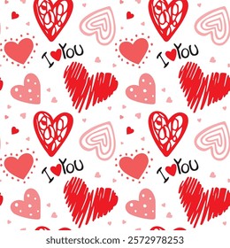 Seamless pattern with hand drawn cute red hearts vector illustration. Heart shaped vector illustration set. Mothers day, greeting card, wallpaper or gift wrapping design.