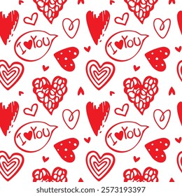 Seamless pattern with hand drawn cute red hearts vector illustration. Heart shaped vector illustration set. Mothers day, greeting card, wallpaper or gift wrapping design.