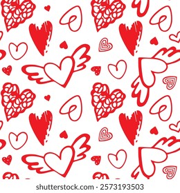 Seamless pattern with hand drawn cute red hearts vector illustration. Heart shaped vector illustration set. Mothers day, greeting card, wallpaper or gift wrapping design.