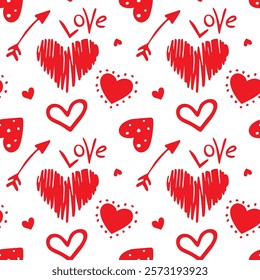 Seamless pattern with hand drawn cute red hearts vector illustration. Heart shaped vector illustration set. Mothers day, greeting card, wallpaper or gift wrapping design.