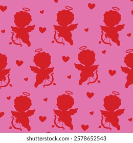 Seamless pattern with hand drawn cute red cupid angles on pink background. Romantic print, doodle textured elements, scribble, silhouette pattern.
