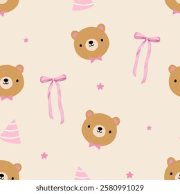 Seamless pattern with hand drawn cute teddy bear with pink ribbon bow for children textile, nursery decoration, gift wrap paper, kids bedding, baby's shirt. Vector illustration