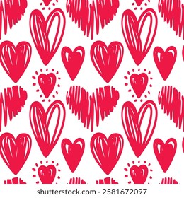 Seamless pattern with hand drawn cute red hearts vector illustration. Heart shaped vector illustration set. Mothers day, greeting card, wallpaper or gift wrapping design.