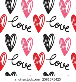 Seamless pattern with hand drawn cute  hearts vector illustration. Heart shaped vector illustration set. San Valentine's day. Greeting card, wallpaper or gift wrapping design.