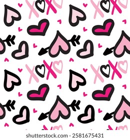 Seamless pattern with hand drawn cute  hearts vector illustration. Heart shaped vector illustration set. San Valentine's day. Greeting card, wallpaper or gift wrapping design.