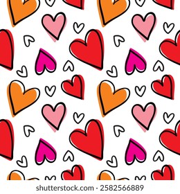 Seamless pattern with hand drawn cute red hearts vector illustration. Heart shaped vector illustration set. Mothers day, greeting card, wallpaper or gift wrapping design.