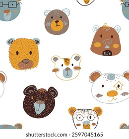 Seamless pattern with hand drawn cute bear characters. Childish adorable texture with cartoon bears. Vector illustration