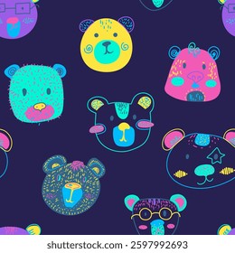 Seamless pattern with hand drawn cute bear characters. Childish adorable texture with cartoon bears. Vector illustration