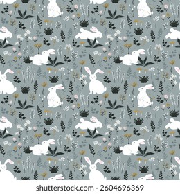 Seamless pattern with hand drawn cute rabbits on spring garden for happy easter, vector illustration