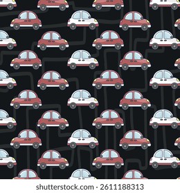 Seamless pattern with hand drawn cute car. Perfect for kids fabric, textile, nursery wallpaper.