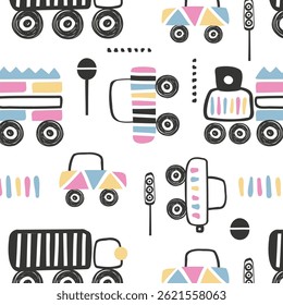 Seamless pattern with hand drawn cute car. Cartoon cars, road sign, zebra crossing vector illustration. Perfect for kids fabric, textile, nursery wallpaper