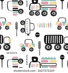 Seamless pattern with hand drawn cute car. Cartoon cars, road sign, zebra crossing vector illustration. Perfect for kids fabric, textile, nursery wallpaper