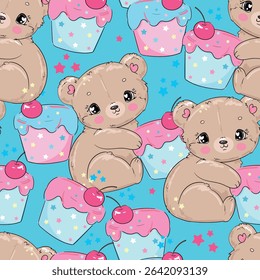 Seamless pattern with hand drawn cute little bear and cake, vector illustration for kids design
