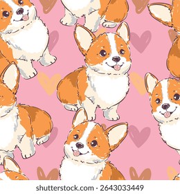 padrão sem costura com mão desenhada corgi cão bonito imprimir vetor de fundo