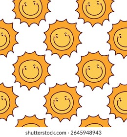 Padrão perfeito com faces de sol bonitinhas desenhadas à mão em amarelo e laranja, cada um com expressões sorridentes ou sonolentas, arranjadas em um fundo de verão divertido repetitivo