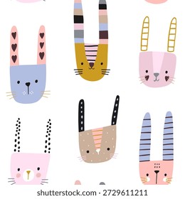 Patrón sin fisuras con personajes de conejitos lindos dibujados a mano.  Textura adorable infantil con conejos de dibujos animados con orejas de colores. Ilustración vectorial