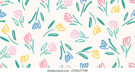Seamless pattern with hand drawn cute flowers. Naive, simple art design. Endless spring, summer botanical vector illustration. 
