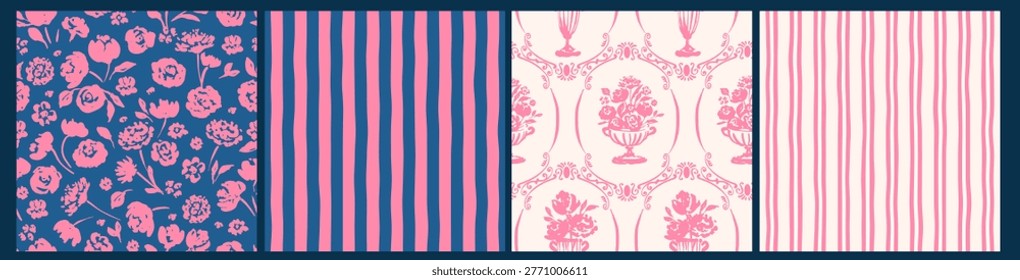 Seamless pattern with hand drawn cute flowers, pots, stripes. Long blue, pink, white stripes. Naive, simple art design. Endless spring, summer botanical vector illustration. Cottagecore, country vintage style.