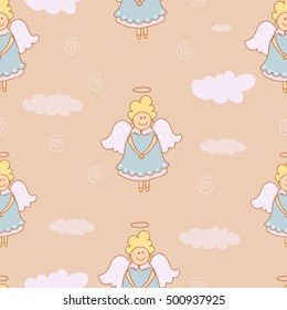 Seamless pattern with hand drawn cute cartoon flying angel with wings. Vector texture illustration of Christmas character. Holiday decoration, greeting card, ornamental design, wallpaper, wrapping.