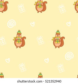 Seamless pattern with hand drawn cute smiling cartoon squirrel in hat holding Christmas gift box. Winter holidays texture. Happy New Year sketch for decoration, greeting card, wallpaper, wrapping. 