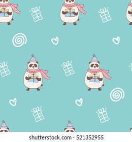 Seamless pattern with hand drawn cute smiling cartoon panda in hat and scarf holding Christmas gift box. Winter holidays texture. Happy New Year sketch for decoration, greeting card, wrapping.