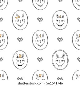 Seamless pattern with hand drawn cute rabbits, vintage photo frames and hearts. Elements for Valentine's Day, mother's day, birthday, wedding. Vector illustration.